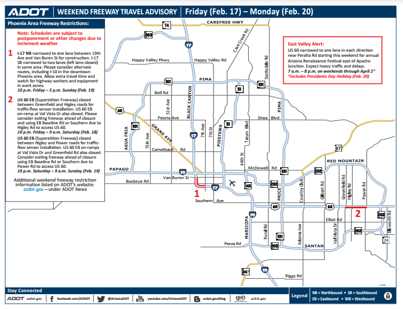 Adot Weekend Freeway Travel Advisory Feb 17 20 Safe Driving