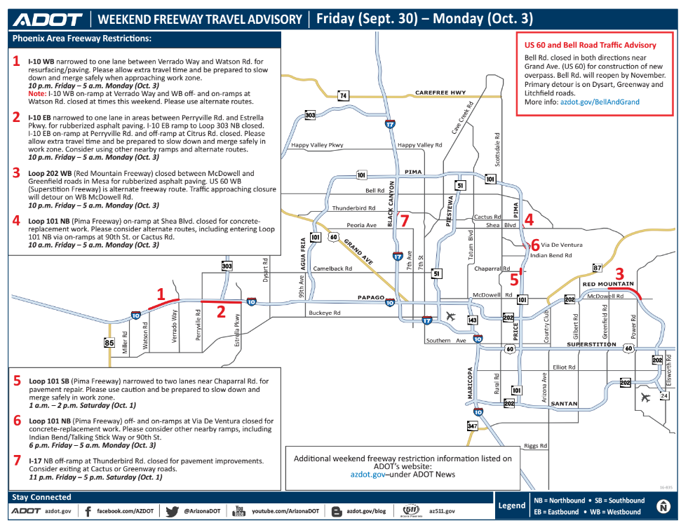 Adot Weekend Freeway Travel Advisory Sept 30 Oct 3 Safe Driving 0103