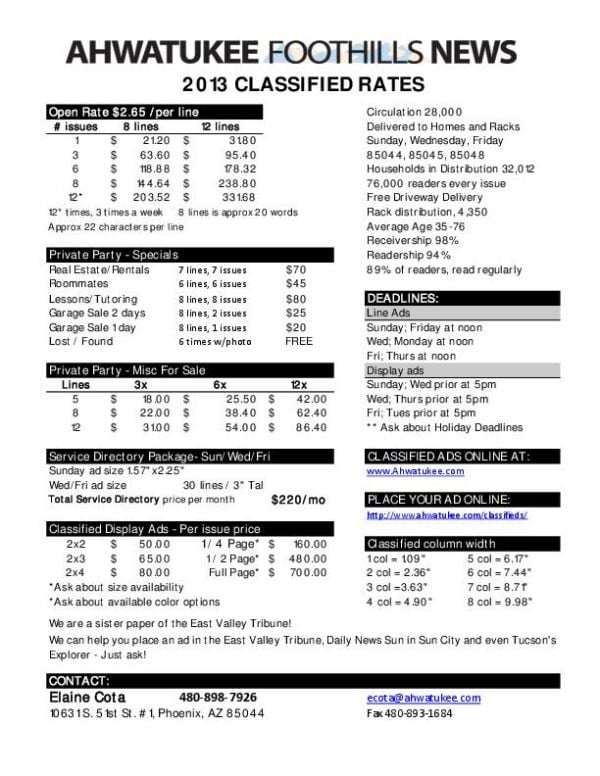 AFN Class Rate card 2013