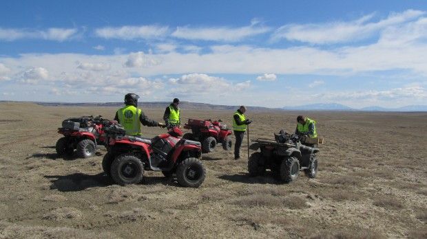 Engineers plot potential locations for wind turbines at the Overland Trail Ranch