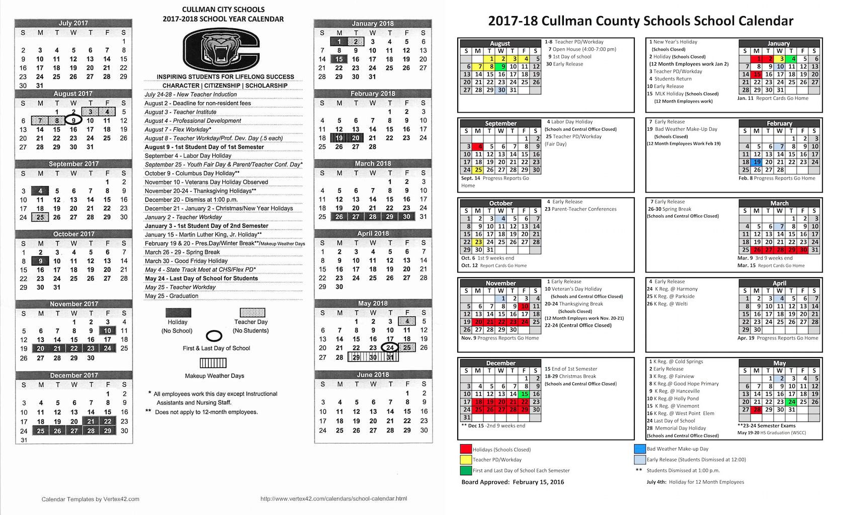 SCHOOL DAYS: 2017-2018 Calendars for Cullman County, City