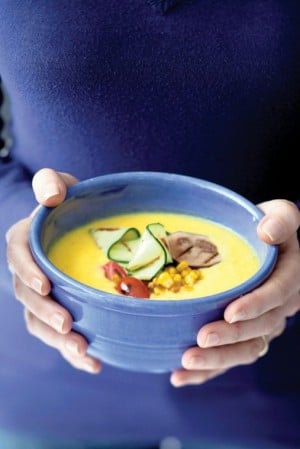 Corn soup with summer vegetables