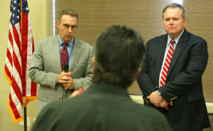 <p>Congressman from Arizona's Fifth District Matt Salmon,left, and Mesa Mayor Scott Smith take questions during a Town Hall at Sunland Springs Village Wednesday, May 29, 2013 where nearly 250 citizens attended. [Tim Hacker/Tribune]</p>
