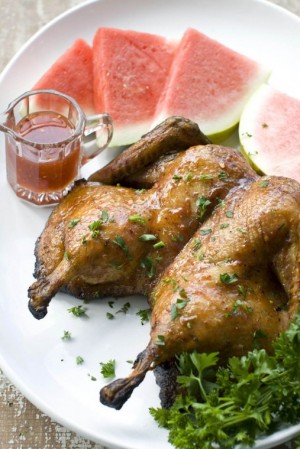 Grilled butterflied duck with spicy watermelon glaze