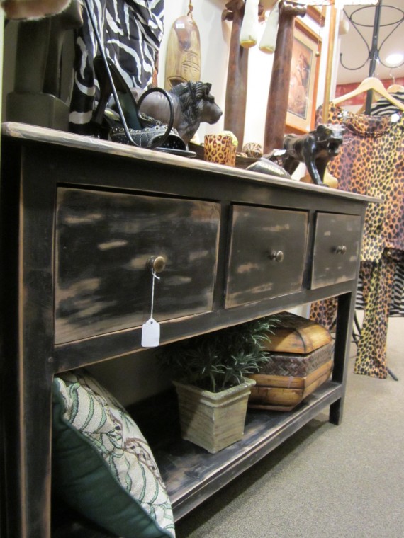 refinished console table and accoutrements