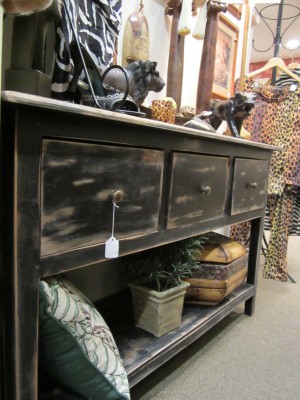 refinished console table and accoutrements