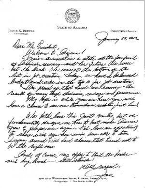 Gov. Jan Brewer's handwritten letter to President Obama