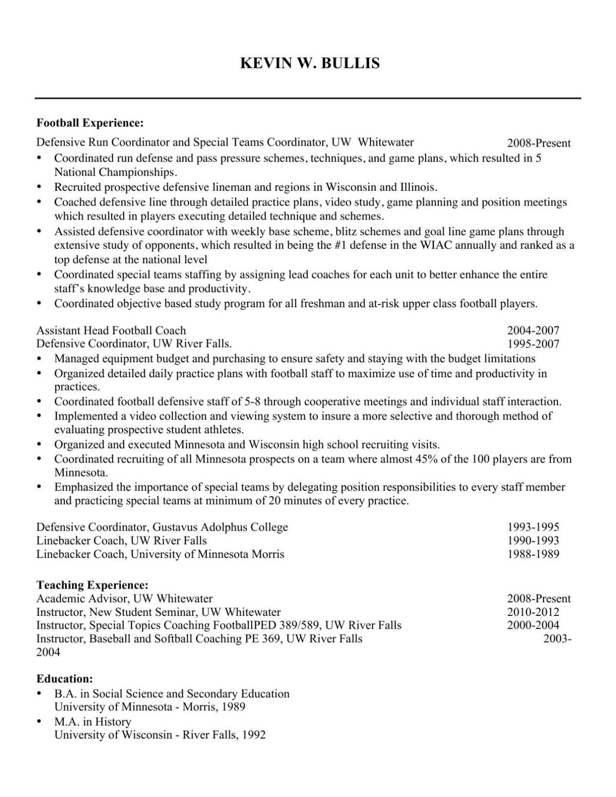 Wiac Football Uw Whitewater Names Five Finalists For Head Coach Opening Badgers Football Uw Resume Template