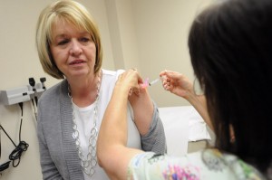 <p>Vikki Dunn, Assistant Director of Nursing at Saltzer Medical Center in Nampa, has the vaccination for whooping cough administered Wednesday by Debbi Geisendaffer, registered medical assistant at Saltzer.</p><p>Nine cases of whopping cough have been reported in Canyon County since January.</p>
