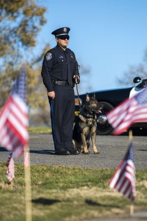 Fallen Galt Police Officer Kevin Tonn Laid To Rest : Officer Brian Niño stands with Yaro, Galt Police Officer Kevin Tonn’s dog, during the graveside service for Tonn on Monday, Jan. 21, 2013.
 - Photo by Dan Evans/News-Sentinel