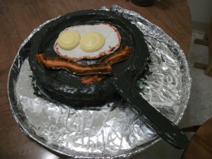 Frying up a birthday cake