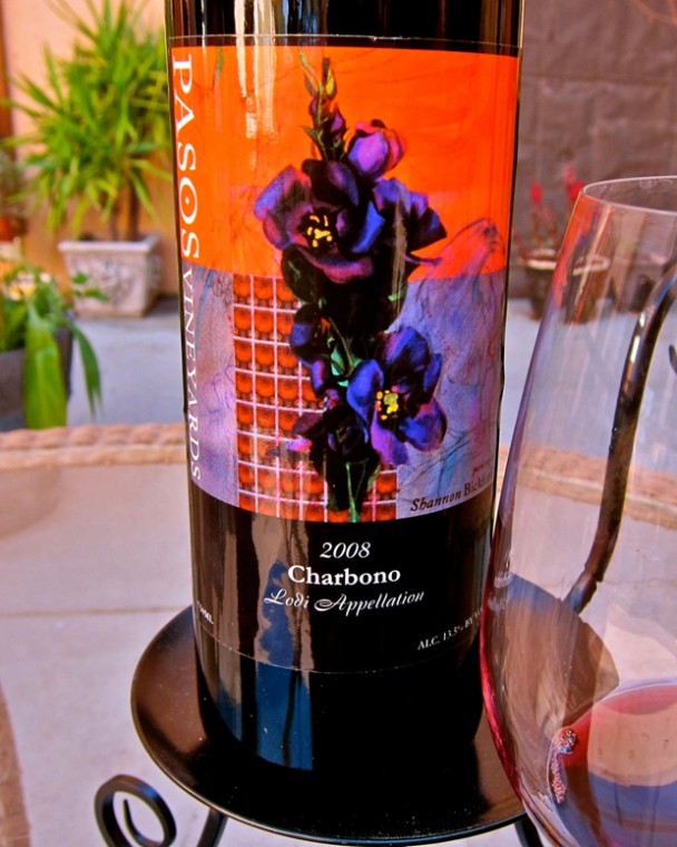 Dark ruby red 2008 Pasos Lodi Charbono is full, dense with flavors of cherry, plum and mocha