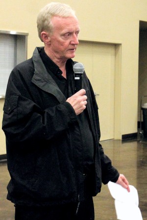 Father Michael Kelly speaks to supporters in Lockeford