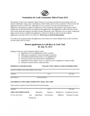 Nomination form for Lodi Community Hall of Fame 2012