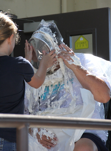 Woodbridge Elementary School principal John Kirilov takes pie to the face for fundraiser