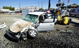 Car hits train in Downtown Lodi, seriously injures child