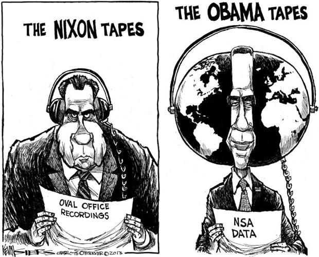 CARTOON Nixon listened to tapes of Oval Office; Obama listening to
