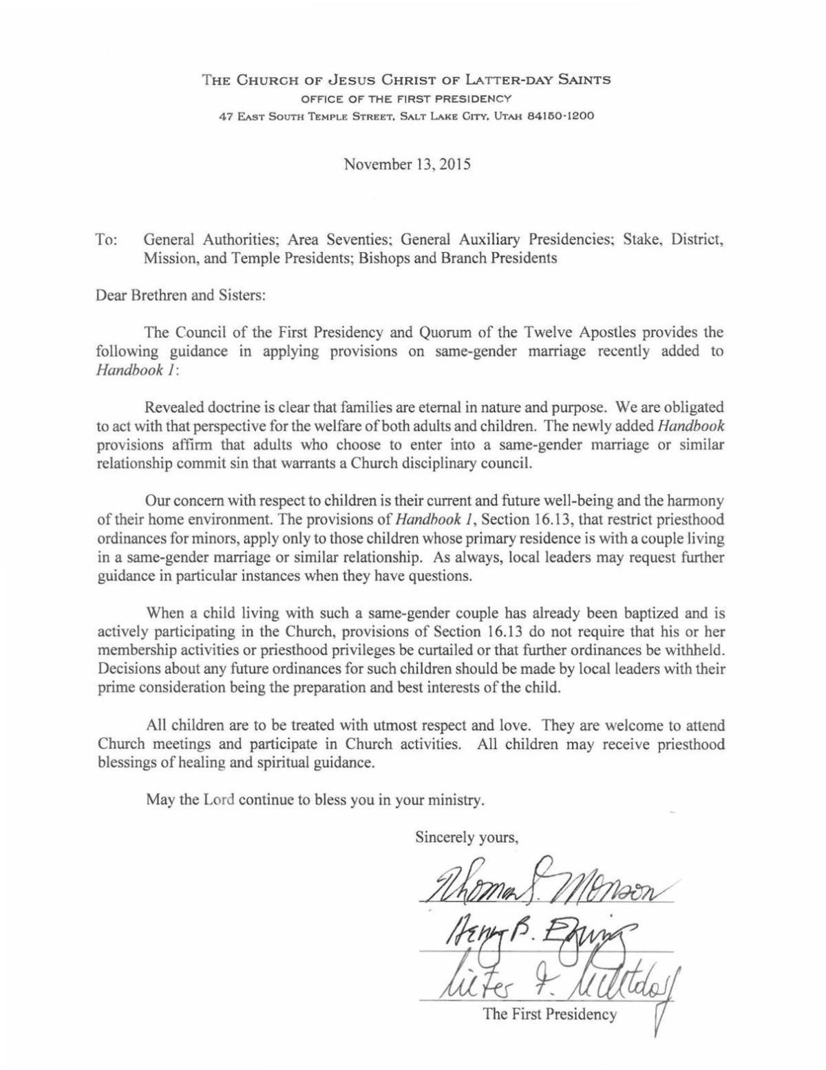 LDS Church releases letter clarifying policy change Religion and