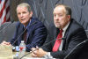<p>Craig Petersen, left, and Randy Watts participate in a mayoral debate Monday evening. (Eli Lucero/Herald Journal)</p>