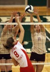 Crown Point's Abby Kvachkoff goes up against Chesterton's Jennifer Williams and Shelby Ruffner