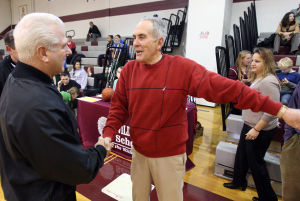  : Wildwood High School girls basketball coach Dave Troiano won his 600th career coaching victory in a win against Cape May County Technical High School. Troiano talks to the refs prior to the start of the game. Tuesday Jan. 29, 2013. (Dale Gerhard/Press of Atlantic City)
 - Photo by Dale Gerhard