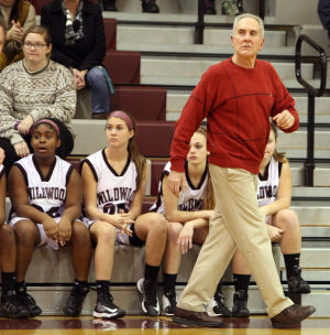  : Wildwood High School girls basketball coach Dave Troiano won his 600th career coaching victory in a win against Cape May County Technical High School. Troiano paces the sideline during the game. Tuesday Jan. 29, 2013. (Dale Gerhard/Press of Atlantic City)
 - Photo by Dale Gerhard