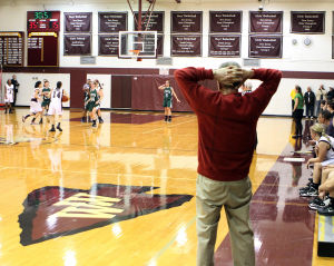  : Wildwood High School girls basketball coach Dave Troiano won his 600th career coaching victory in a win against Cape May County Technical High School. Troiano watches the action as time runs down in the first half. Tuesday Jan. 29, 2013. (Dale Gerhard/Press of Atlantic City)
 - Photo by Dale Gerhard