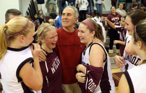  : Wildwood High School girls basketball coach Dave Troiano won his 600th career coaching victory in a win against Cape May County Technical High School. Troiano is congratulated by his team after the win. Tuesday Jan. 29, 2013. (Dale Gerhard/Press of Atlantic City)
 - Photo by Dale Gerhard