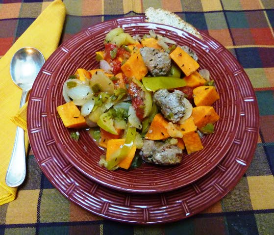Apples sweeten quick stew made with sausage, sweet potato