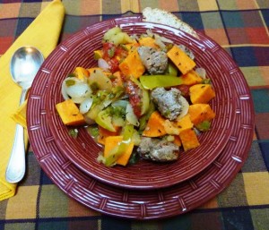 Apples sweeten quick stew made with sausage, sweet potato