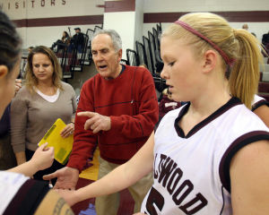  : Wildwood High School girls basketball coach Dave Troiano won his 600th career coaching victory in a win against Cape May County Technical High School. Troiano talks to his team prior to tipoff. Tuesday Jan. 29, 2013. (Dale Gerhard/Press of Atlantic City)
 - Photo by Dale Gerhard