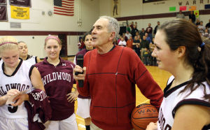  : Wildwood High School girls basketball coach Dave Troiano won his 600th career coaching victory in a win against Cape May County Technical High School. Troiano (center) thanks the fans and his assistant coaches. Tuesday Jan. 29, 2013. (Dale Gerhard/Press of Atlantic City)
 - Photo by Dale Gerhard
