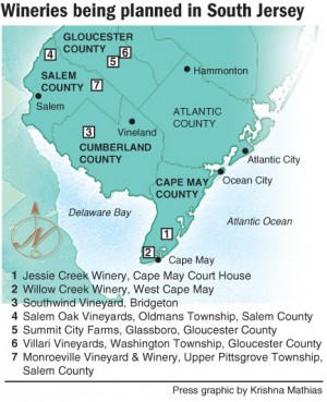A map of proposed wineries in South Jersey