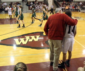  : Wildwood High School girls basketball coach Dave Troiano won his 600th career coaching victory in a win against Cape May County Technical High School. Troiano talks to one of his players during the game. Tuesday Jan. 29, 2013. (Dale Gerhard/Press of Atlantic City)
 - Photo by Dale Gerhard