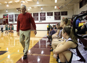  : Wildwood High School girls basketball coach Dave Troiano won his 600th career coaching victory in a win against Cape May County Technical High School. Troiano paces the sideline. Tuesday Jan. 29, 2013. (Dale Gerhard/Press of Atlantic City)
 - Photo by Dale Gerhard