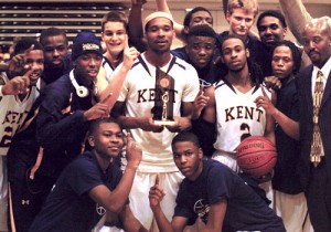 <p>Kent County’s Karon Phillips, who had 38 points, nine rebounds, seven steals, five assists and two blocks, holds the championship trophy.</p>
