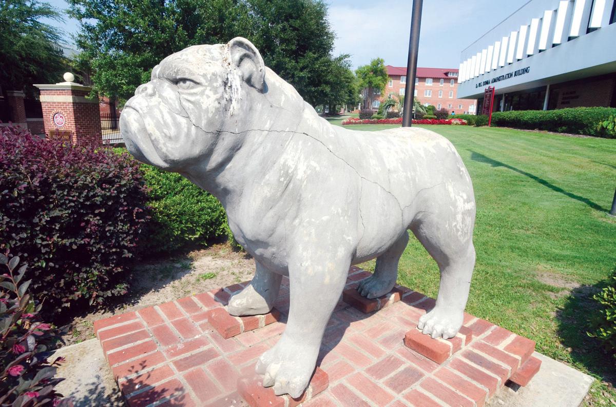 large silver bulldog statue