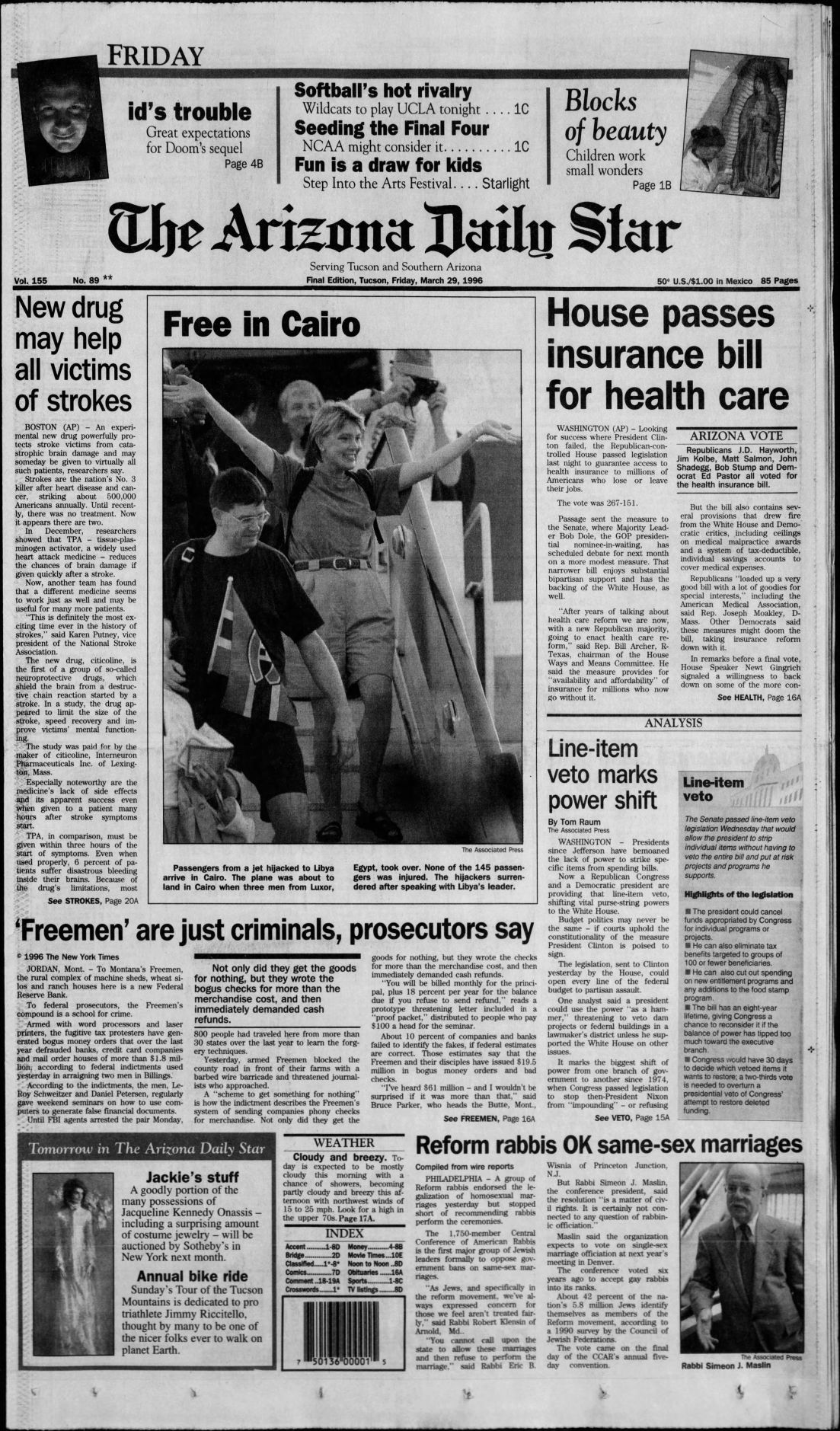 Arizona Daily Star front page March 29, 1996