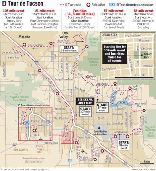 2013 El Tour de Tucson map with alternate route Biking