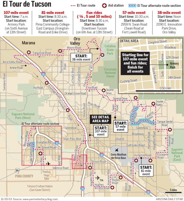 2013 El Tour de Tucson map with alternate route
