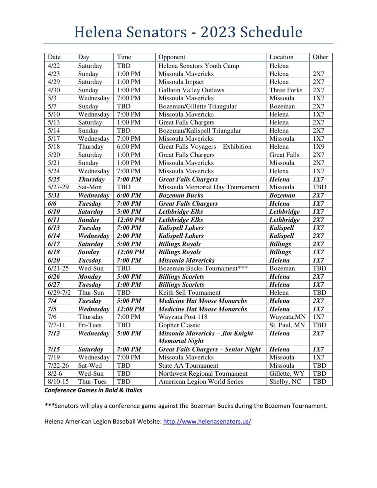 Helena Senators, Reps release 2025 American Legion baseball schedules