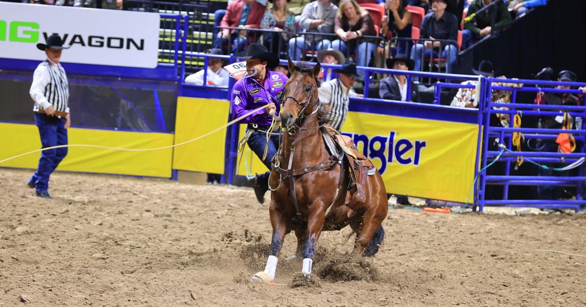 Tie-down roper Haven Meged in round nine of the 2025 NFR in Las Vegas.