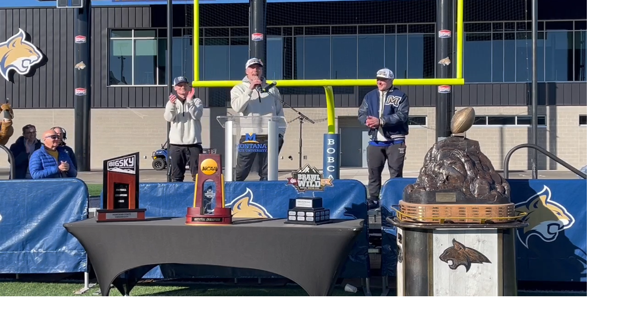Taco Dowler, Kenneth Eiden IV, Justin Lamson at Montana State's 2025 FCS championship celebration