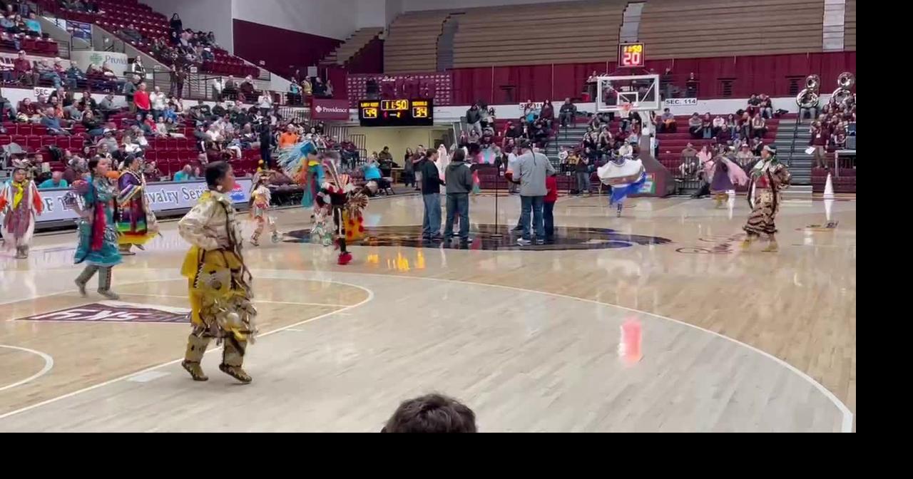 Native American dance performance at halftime of Lady Griz Saturday game