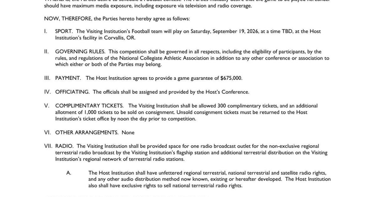 Montana Grizzlies at Oregon State nonconference football game contract