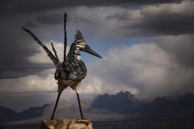 recycled roadrunner sculpture overlooks Las Cruces