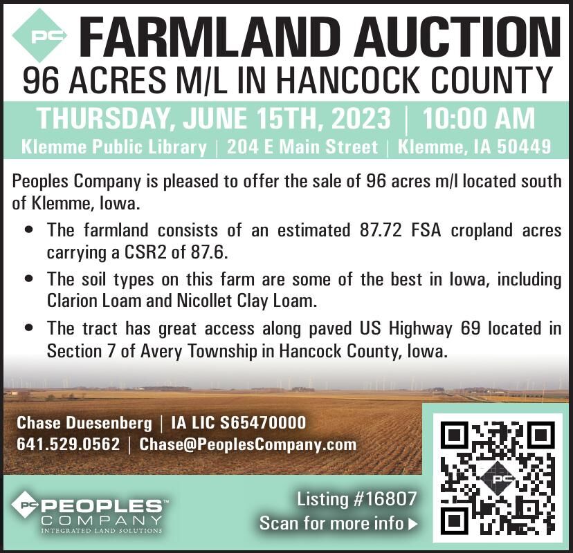 FARMLAND AUCTION • 96 ACRES M/L IN HANCOCK COUNTY