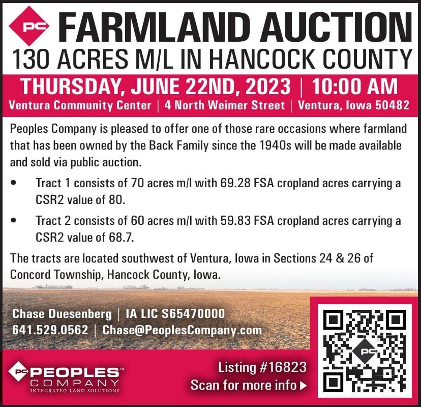 FARMLAND AUCTION • 130 ACRES M/L IN HANCOCK COUNTY