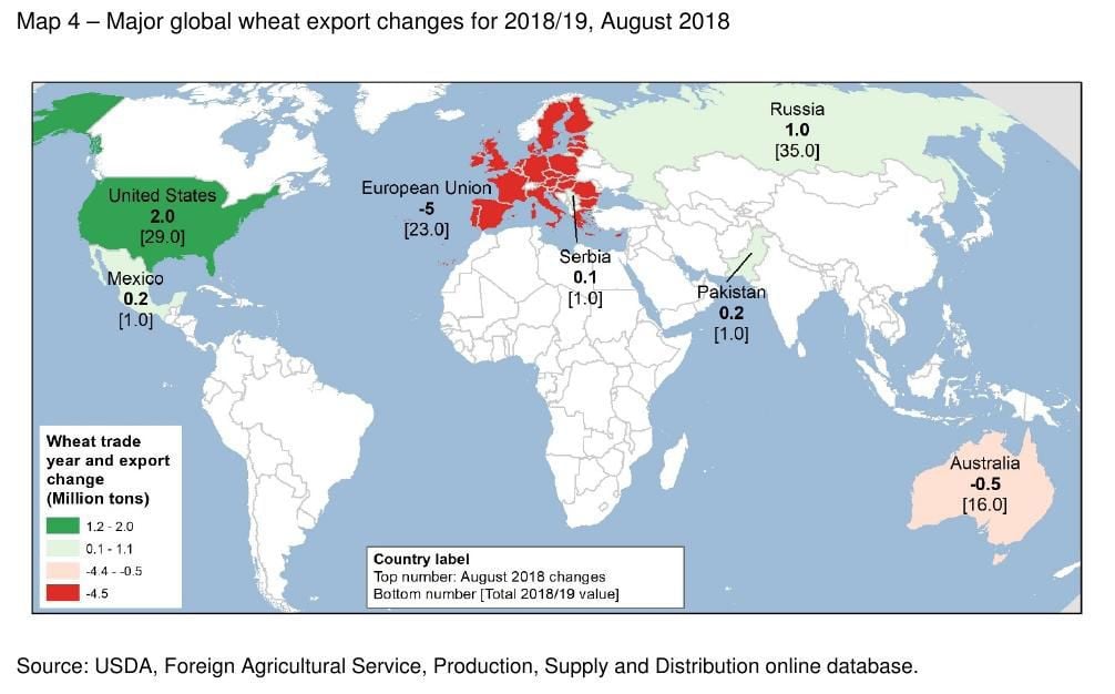 Map 4 Major global wheat export changes for 201819, August 2018