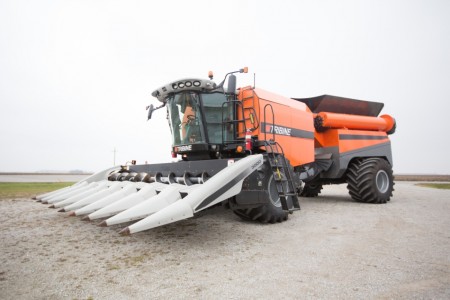 Overall view of Tribine with corn header attached